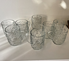 Princess House Fantasia Poinsettia Glass Mugs Set of 8 Vintage 1980s Cup