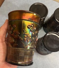 5 Vintage Northwood Raspberries Carnival Glass 4″ Tumblers Iridescent Purplegold