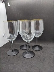 All Purpose Wine Glass Set of 4 Gold Rim Clear Goblet Black Foot 7″ ~10 oz