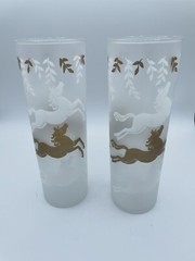 1950s Libbeys Cavalcade Highball Glasses Stallion horse Frosted White/Gold Paint
