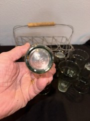Mid Century Modern Set Of 8 Four Oz Cutting Chai Glasses & Metal Wire Caddy Wood