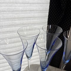 Set Of 5 10″ Sapphire Blue Art Glass Flutes- Modern Bullet Base Stemware
