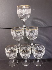 Vtg 6 Bartlett Collins Etched Grape Leaf Vine Water Wine Goblets Gold Rim 6.25”