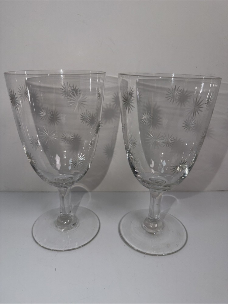VTG MCM Atomic Starburst 6” Footed Aperitif Wine Etched Glass 3” Wide Set Of 2