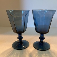 Lenox USA Antique Dark Blue Water Goblet Panels Wafer Wine Stem 5” Set Of 2