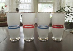 Four MCM Sugar Frosted Cooler Glasses with Gold Red / Blue Bands 6″