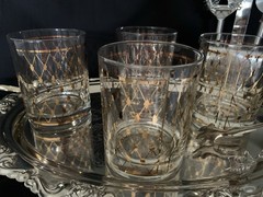 George’s Briard Double Old Fashioned Glasses (4) Lattice/Diamond Signed 22k MCM