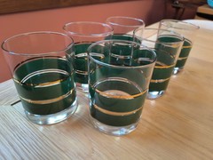 Vintage Noritake Coventry 2797 Green Gold Band Lowball Rocks Glasses DOF Set of