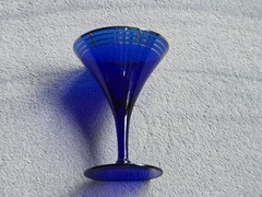 Pair Vintage Cobalt Blue Glass Cocktail Coupes Art Deco Geometric Silver Rim