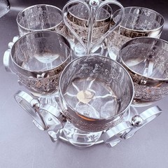 Vtg Vitreon Queens Lusterware Wine Glasses 7 Pc Chrome Heart Caddy Silver Ombre