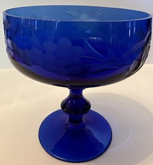 Cobalt Blue Glass Sherbet Sorbet Dessert or Cocktail Etched Grapes 4.5” Leaves