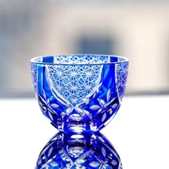 Blue Edo Kiriko Glass Cup Small Shot Glasses For Sake Handmade Cased Glass 1.5oz