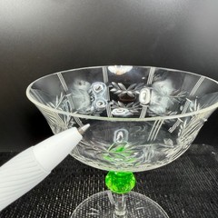 Vintage Uranium Glass Etched Laurel Leaf Champagne Coupes Vaseline Stem Cups Set