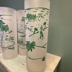 Vintage Set Of 4 Frosted Glass Vacation Themed palm trees sailboats Tumblers 430