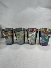 Set 4 Antique Fenton Cobalt Blue Carnival Glass 4” Tumblers Handpainted Cherry