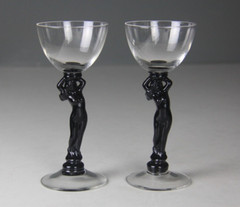 2 CAMBRIDGE Glass Company Ebony Black Statuesque Nude Stem Cocktail Wine Glasses