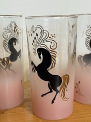 Set of four vintage Libbey frosted pink highball glasses horses 22K Gold Accents