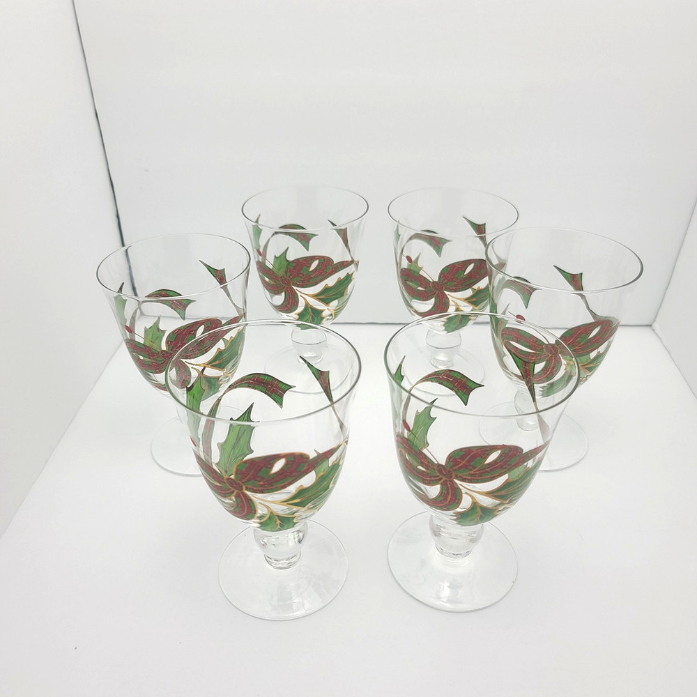 Set of 2 Holiday Plaid Ribbon Iced Tea wine water Glasses Goblet 5 5/8″