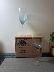 2 Roscher & Company Teal Blue Air Bubbles Wine Glass Clear Stem Goblets(mio)