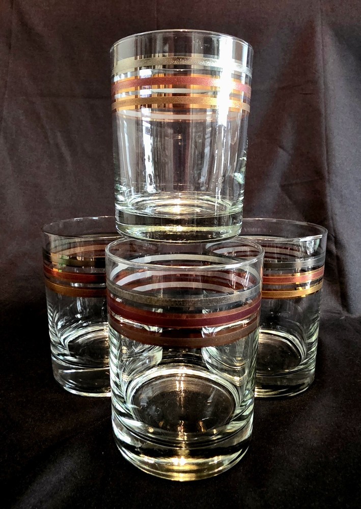 (689) Unsigned Culver MCM Copper, Silver & Gold Metallic Band DOF glasses Set- 4