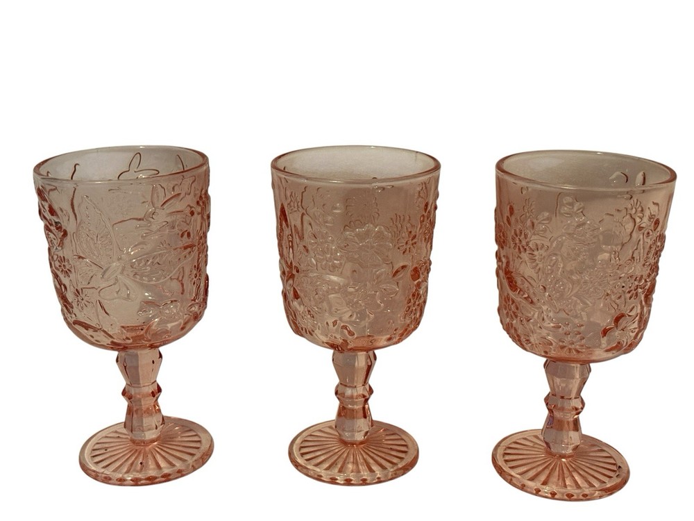 VTG Pink Pressed Glass Goblets Set 3 Butterfly Bunny Floral Cottagecore