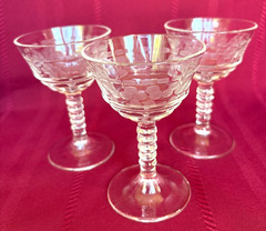 3 Pc Vtg Federal Glass Cocktail Coupe-Etched Dot Pattern, Ringed Stem-1940s