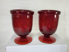 Vintage Ruby Red Bubble Glass Footed Cups Pair Hand Blown Art Glass Goblets