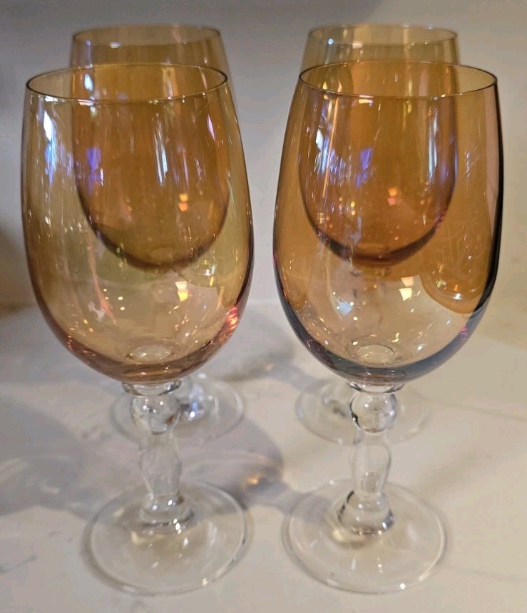 Vintage Pier 1 Imports Amber Iridescent Wine Glasses | Balloon Bowl Clear…