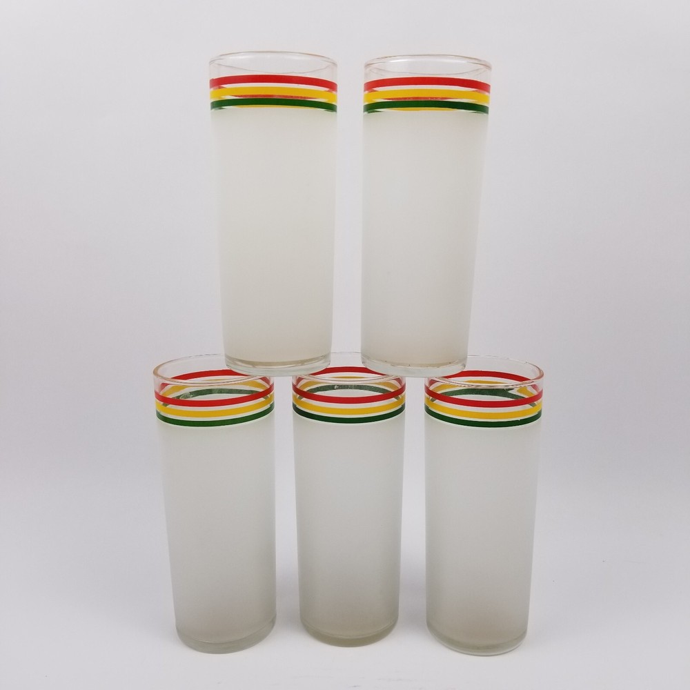 (5) VTG Libbey Fiesta Frosted Red Green Yellow Stripe Collins Cooler Glasses