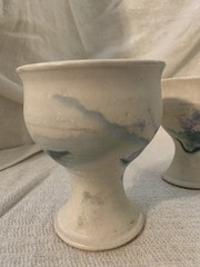 Vintage Set/2 Stoneware Hand Thrown Studio Pottery Goblet Chalices Floral Swirl