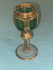 Antique Bohemian Moser Cabochon Cut Glass Green & Gold Gilt Wine Goblet