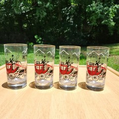 Libbey – Stagecoach Glass Tumblers Horse Carriage (4) Red, Black, White & Gold