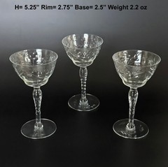 Set of 3 Antique 1930 Rock Sharpe Halifax Etched Crystal Liquor Cocktail Glasses
