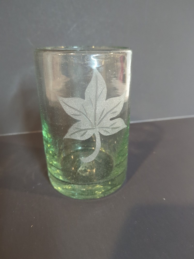 Handmade Thick Green Drinking Glass Etched Leaf Vtg