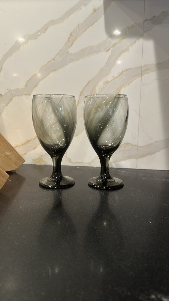 RARE! Libbey Hand Blown Black Smoke Swirl Goblet Drinking Glasses Set of 2