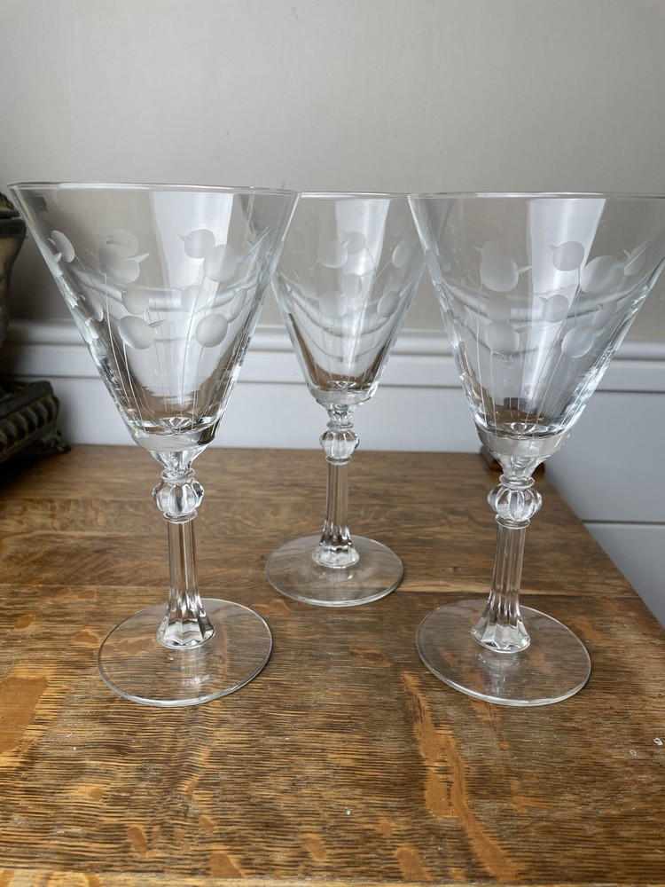 3 Libbey Etched Crystal Cocktail Wine glasses faceted stems, Cut Dots Bar ware