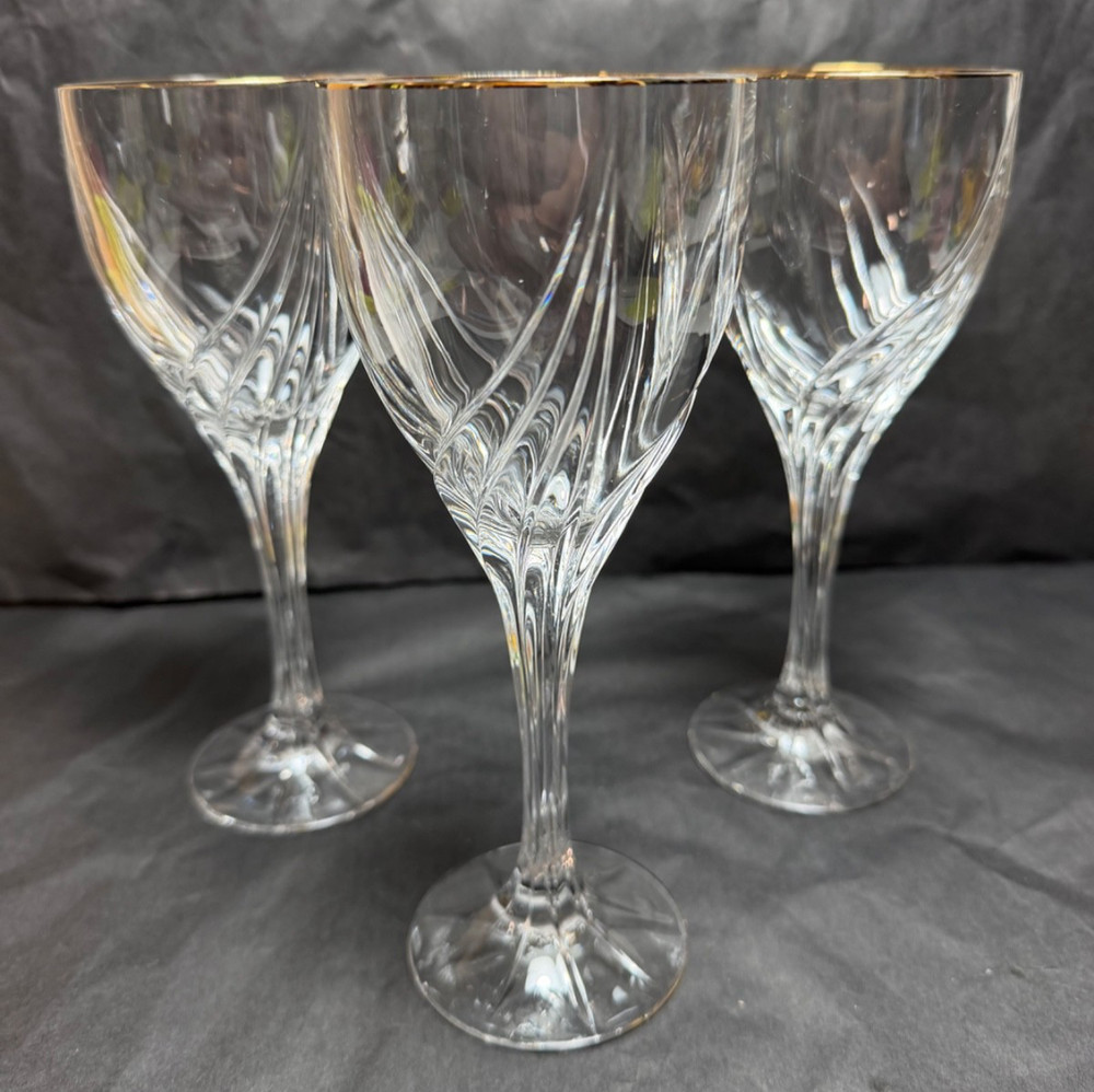 Set of 3 Vintage Lenox Debut Gold Crystal Wine Goblets Signed 7 3/8 in.