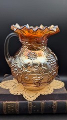 Ant Dugan Floral & Grape Marigold Carnival Glass Water Pitcher Set w/ 4 Tumblers