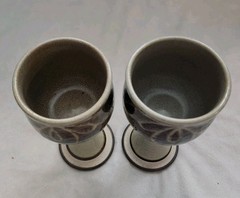 Studio Art Pottery Glazed Wine Chalice Goblets Purple Blue Brown Drip Signed (2)