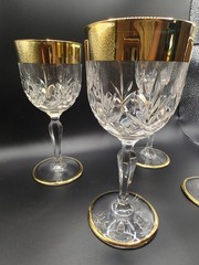 Vintage Crystal Wine Glasses 24K Gold Plated Bands Set Of 4