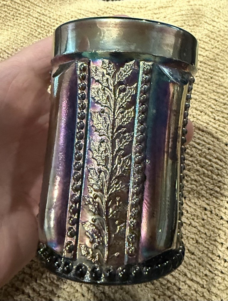 Joe St. Clair Amethyst Carnival Glass Holly Band Tumbler