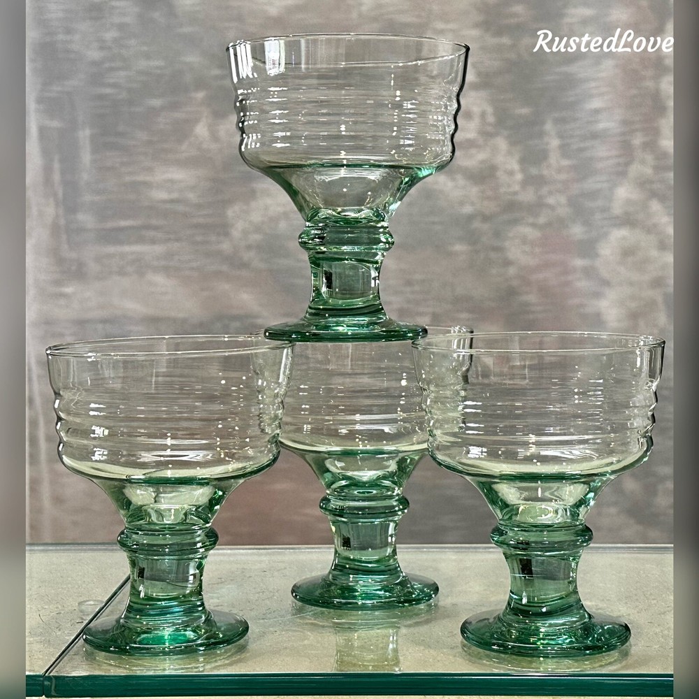 Libbey Sirrus Green Low Sherbet Glasses Spanish Green Goblets Spool Stem Vintage