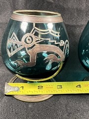 VTG SET 2 BOHEMIAN SILVER OVERLAY SMOKY GREEN BRANDY COGNAC SNIFTERS BIRD WOLF