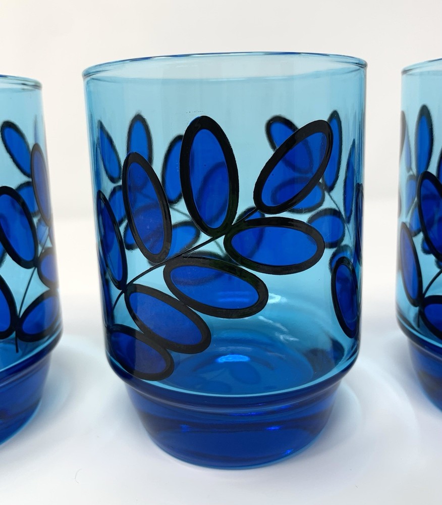 Set of 4 Vtg J Wm Hale Cobalt Blue Leaf High Ball Tumbler Glasses 14oz Stackable
