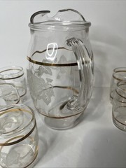 Bartlett Collins Etched Grapevine Ice Lip Pitcher And 5 Glasses VTG
