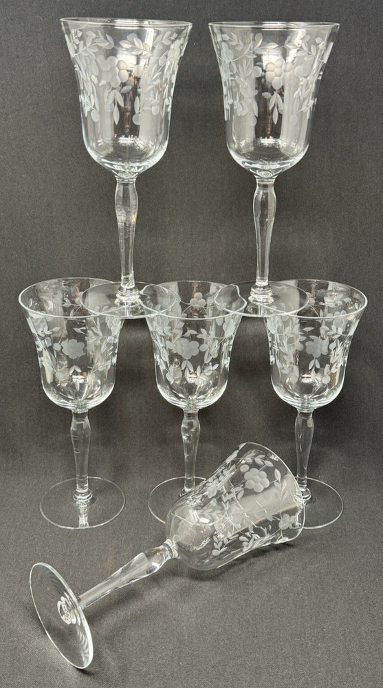 6 Vintage Etched Floral Water / Wine Goblet Glasses