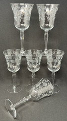 6 Vintage Etched Floral Water / Wine Goblet Glasses