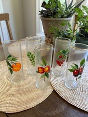 Set of 5 MCM Gold Rimmed Fruit Design Juice Drinking Glasses 6 fl oz