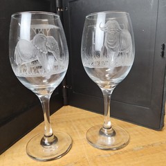 Animal etched wine glasses, SET of 2, Elephant, Buffalo 7 1/2″ unknown mark