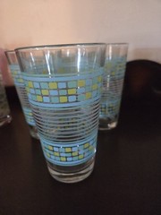 Vintage Libbey Retro Glasses Tumblers Set of 4 Blue Yellow Aqua Checks Stripes